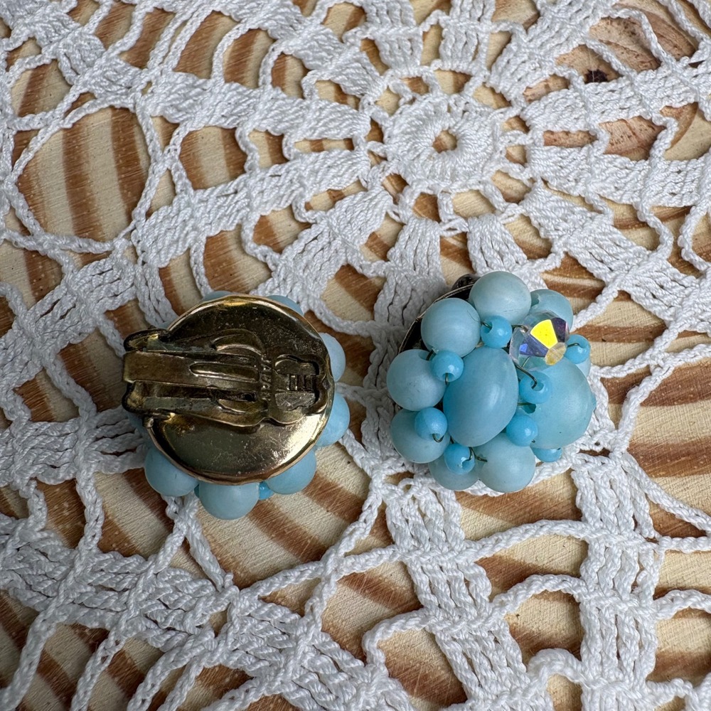 Vintage Unsigned Blue Cluster Earrings Mid Century Plastic Beaded AB Accent